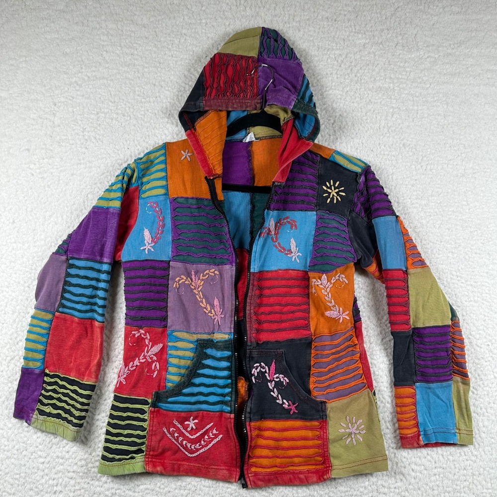 Venus Imports Patchwork Hoodie Embroidered Nepal Jacket Boho Hippie Festival Art